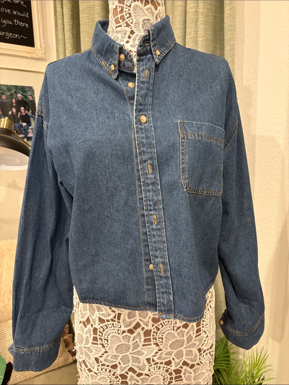 Classic Women's Denim Button-Up Shirt Jacket in Dark Blue
